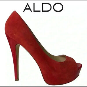 Aldo Red Suede Stiletto Platform Shoe Size 38 Red Heels Open Toe